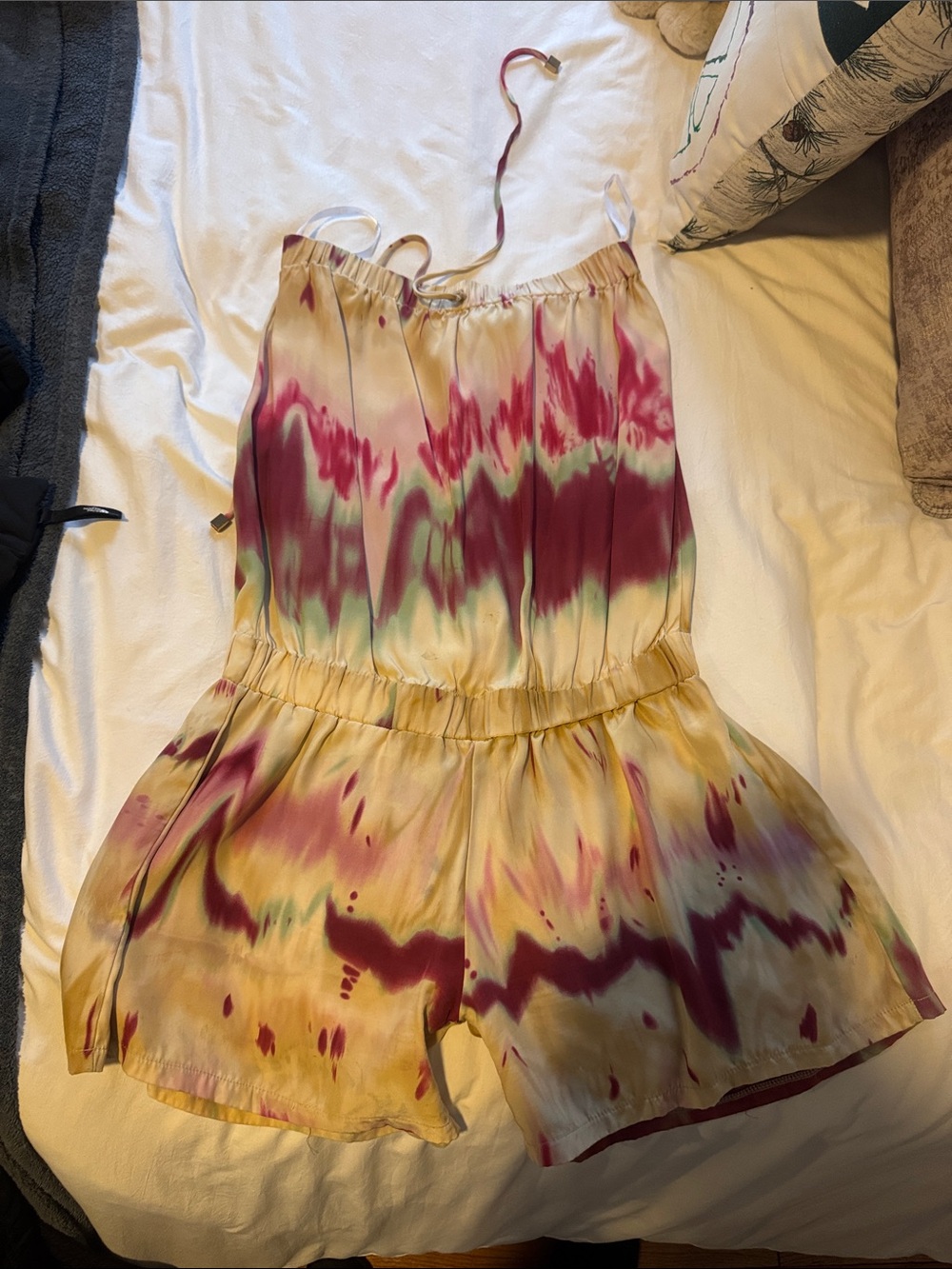 Silky Tie-Dye Drawstring Romper in Yellow, Pink & Green